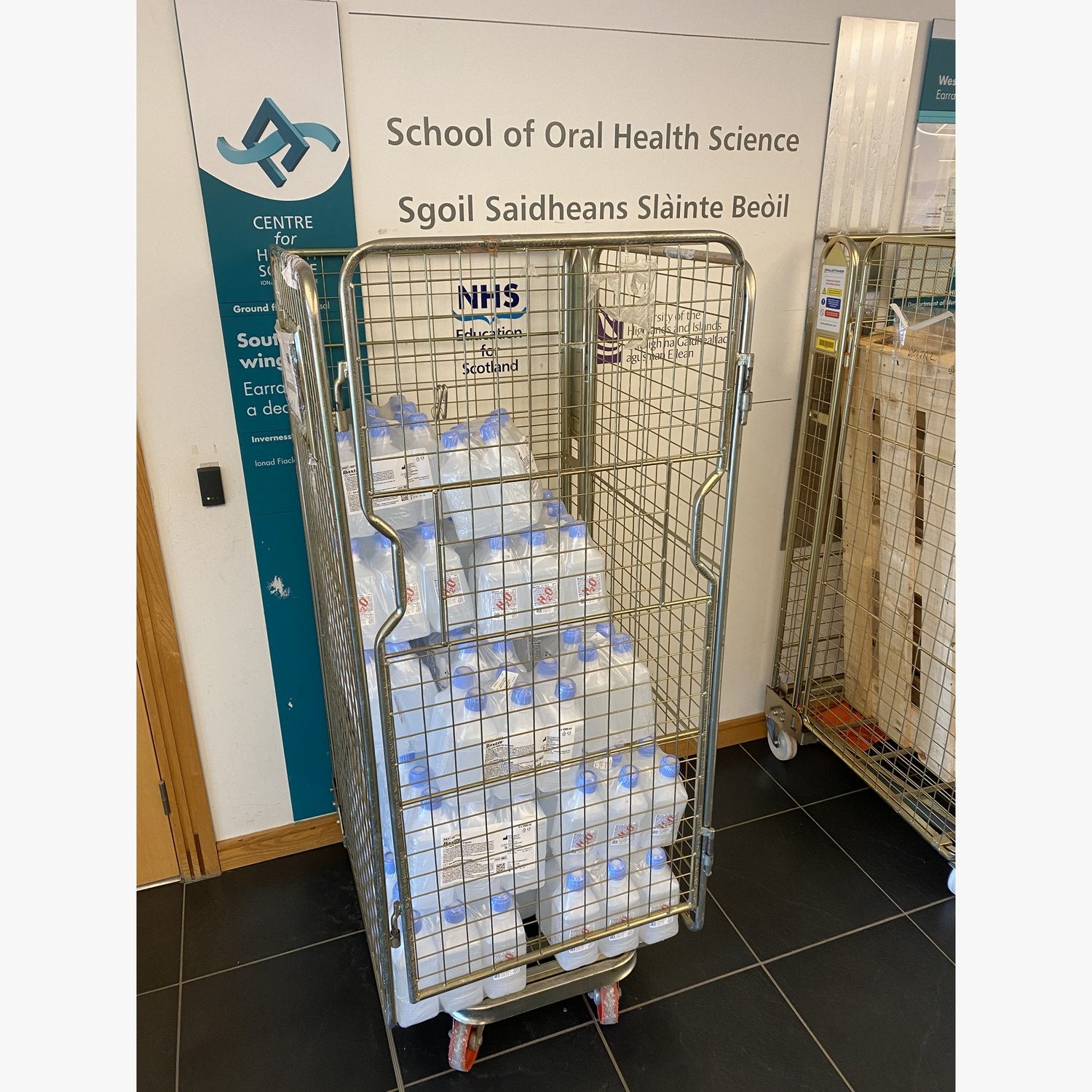 Roll cage delivery of bottled sterile water, School of Oral Health Science, Inverness